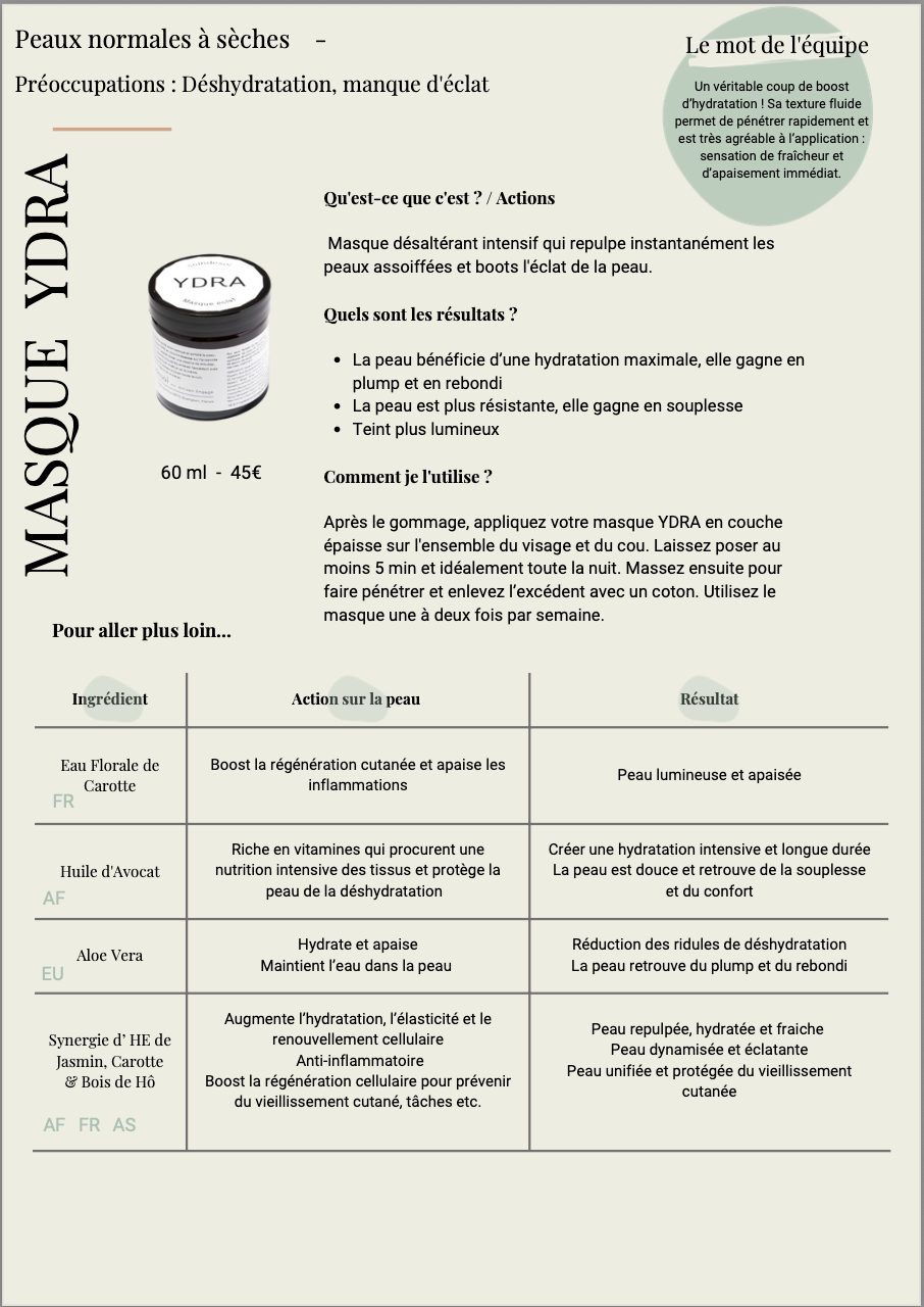 YDRA - MASQUE VISAGE HYDRATANT ET ÉCLAT by Soin de Soi